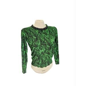 INC Women’s Snakeskin Print Sweater Top Large Green Black Beaded Neckline